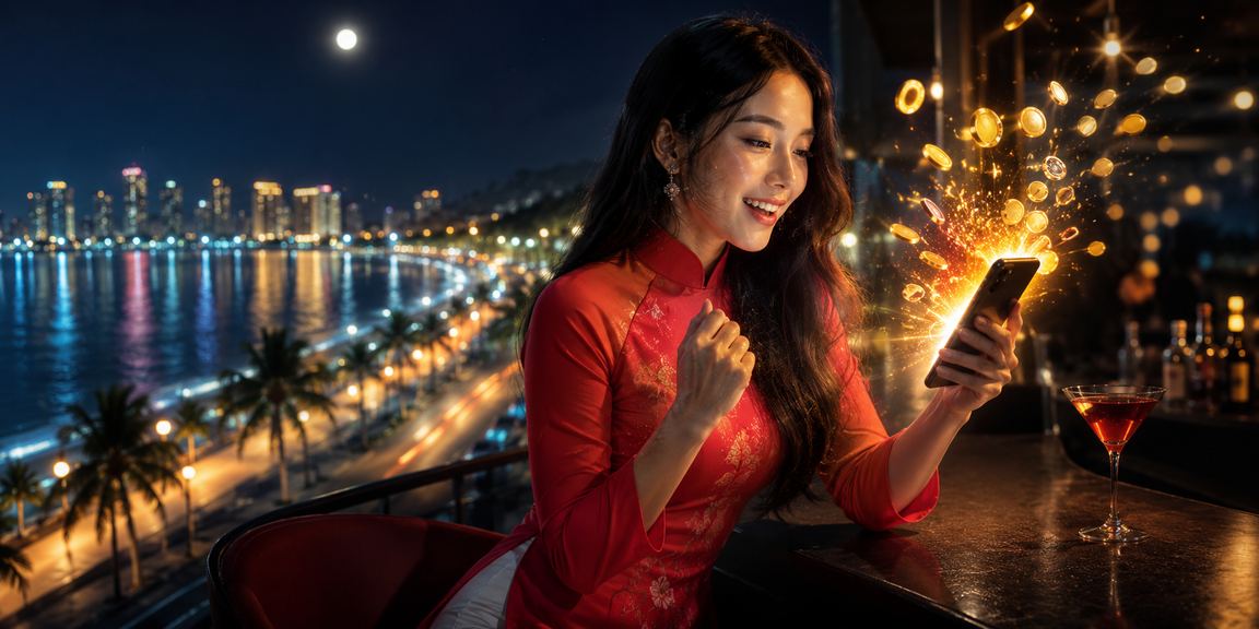 Người chơi tại Mũi Né dùng điện thoại kiểm tra khuyến mãi casino trong trang phục áo dài truyền thống