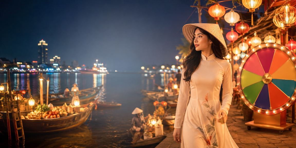 Bầu không khí sôi động của sự kiện rút thăm may mắn tại Nha Trang với hình ảnh nón lá truyền thống